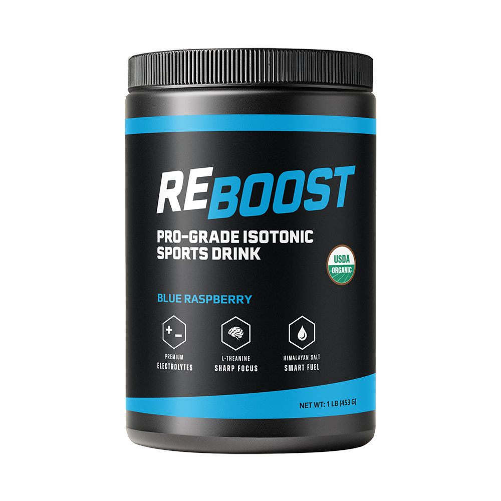 Blue Raspberry (Electrolyte Powder) Black container of REBOOST Pro-Grade Isotonic Sports Drink with blue accents on a white background
